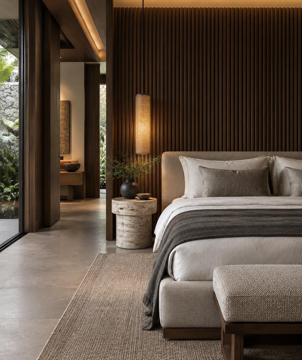 Konsep kamar tidur hunian dengan panel kayu walnut dan furnitur bernuansa lembut